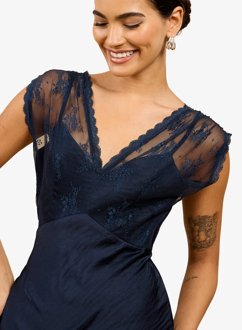 Little Mistress  Navy Satin Lace Midi Dress for Women | Best Price UAE